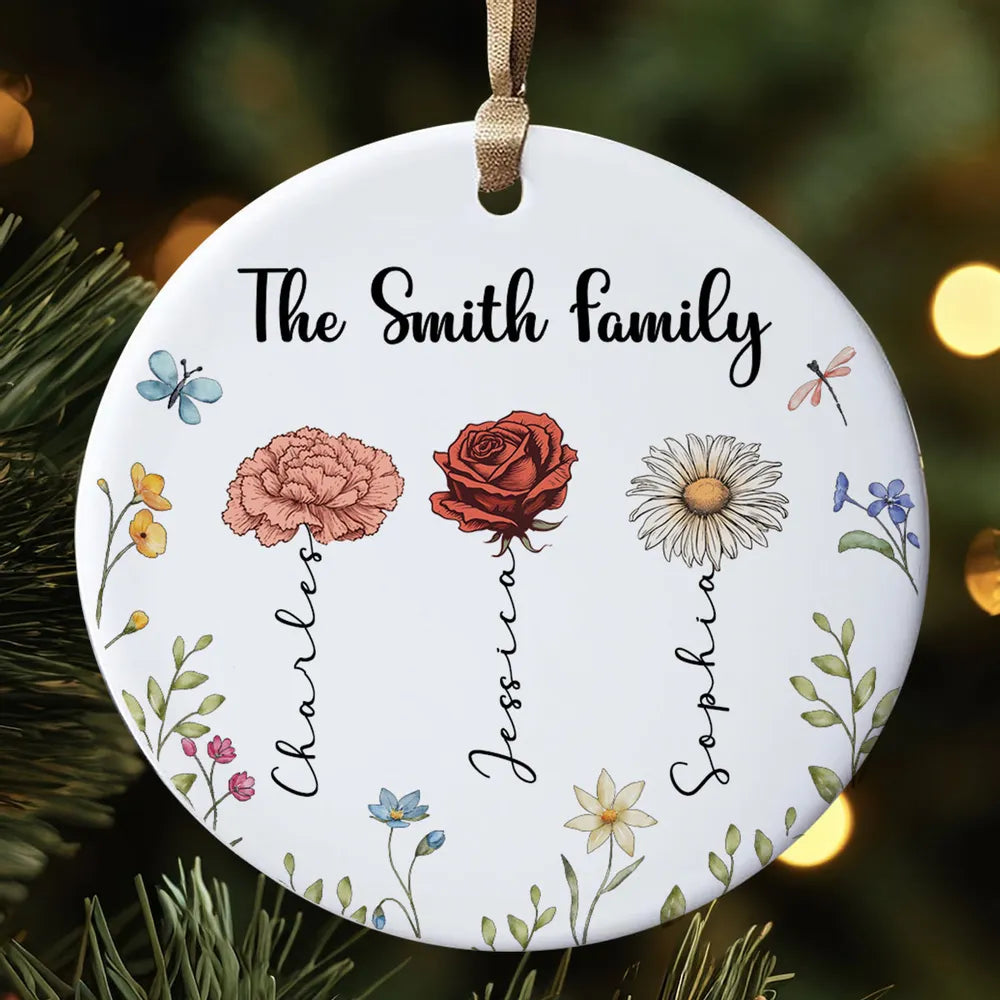 Family Birth Flower Personalized Ceramic Ornament, Personalized Christmas Ornament For Family Daughter Son ON0390