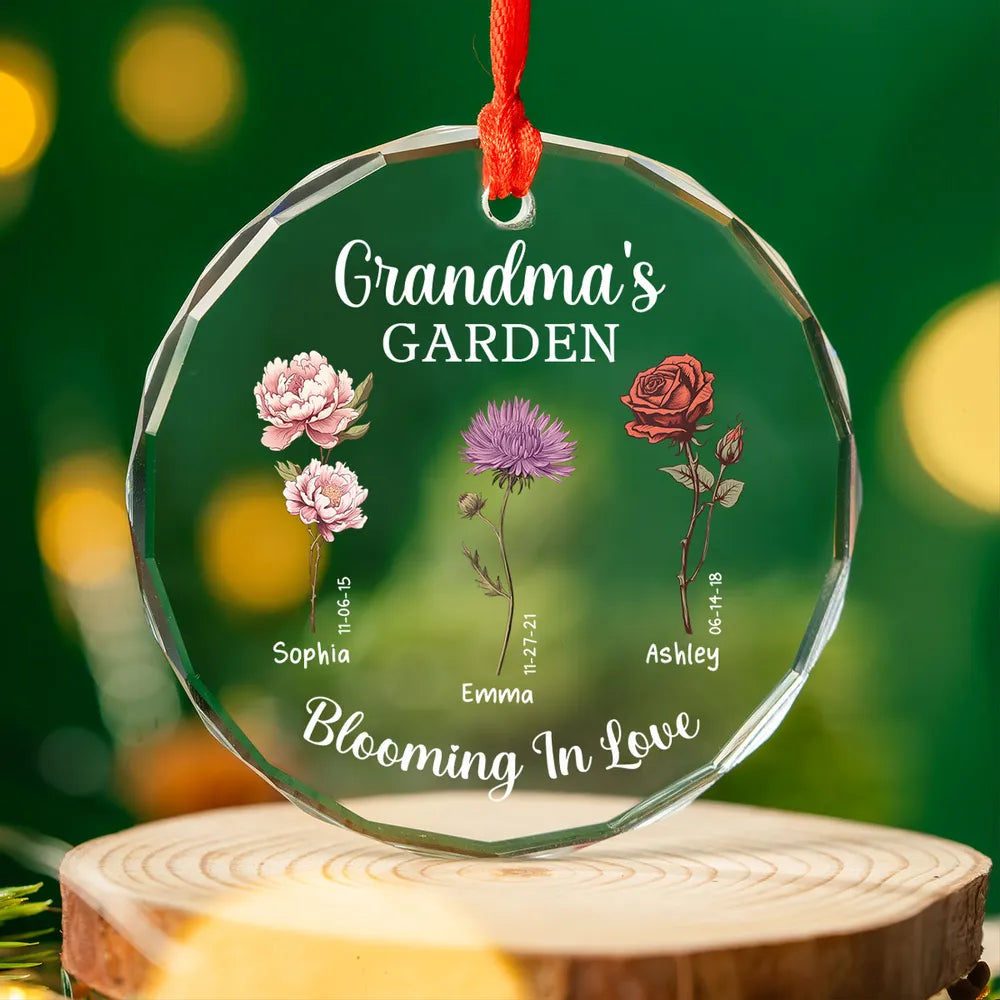 Grandma's Garden Blooming In Love Personalized Glass Ornament, Custom Birth Month Flower Christmas Ornament For Grandma Granddaughter Grandson ON0230