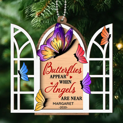 Butterflies Memorial Window Personalized 2-Layer Wooden Ornament, Those We Love Don't Go Away They Fly Beside Us Every Day Wooden Ornament ON0019