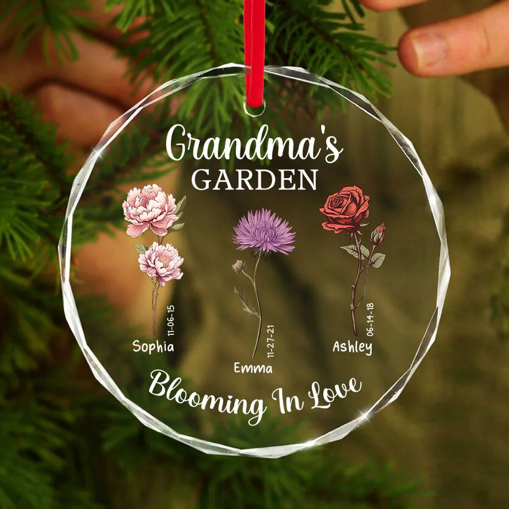 Grandma's Garden Blooming In Love Personalized Glass Ornament, Custom Birth Month Flower Christmas Ornament For Grandma Granddaughter Grandson ON0230