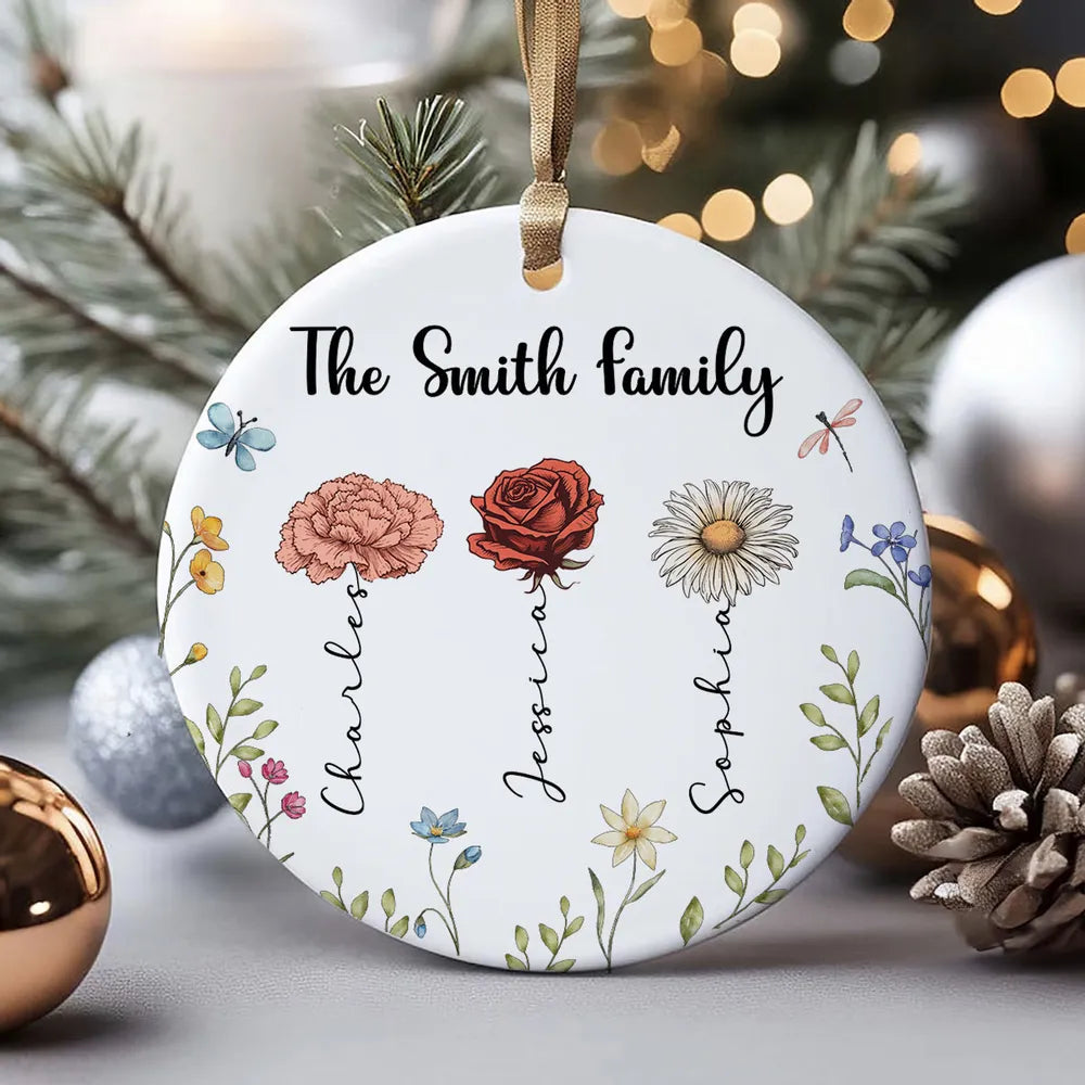 Family Birth Flower Personalized Ceramic Ornament, Personalized Christmas Ornament For Family Daughter Son ON0390