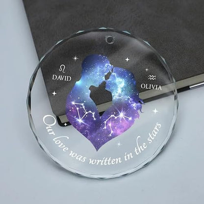 Our Love Was Written In The Stars Hugging Couple Personalized Zodiac Sign Glass Ornament, Custom Couple Ornament For Astrology Lovers ON0191