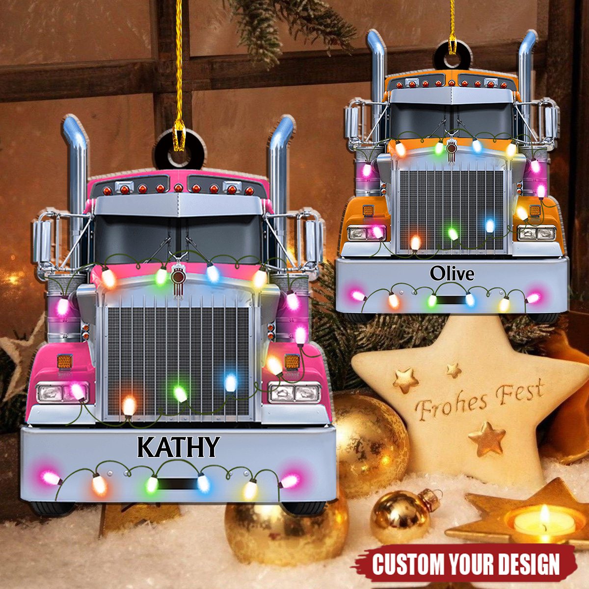 Truck Personalized Christmas Ornament, Custom Name Truckers Christmas Light Ornament ON1544