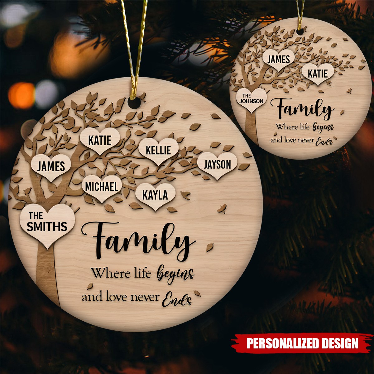 Family Where Life Begins and Never Ends Personalized Ceramic Christmas Ornament, Custom Family Christmas Ornament With Name ON0062