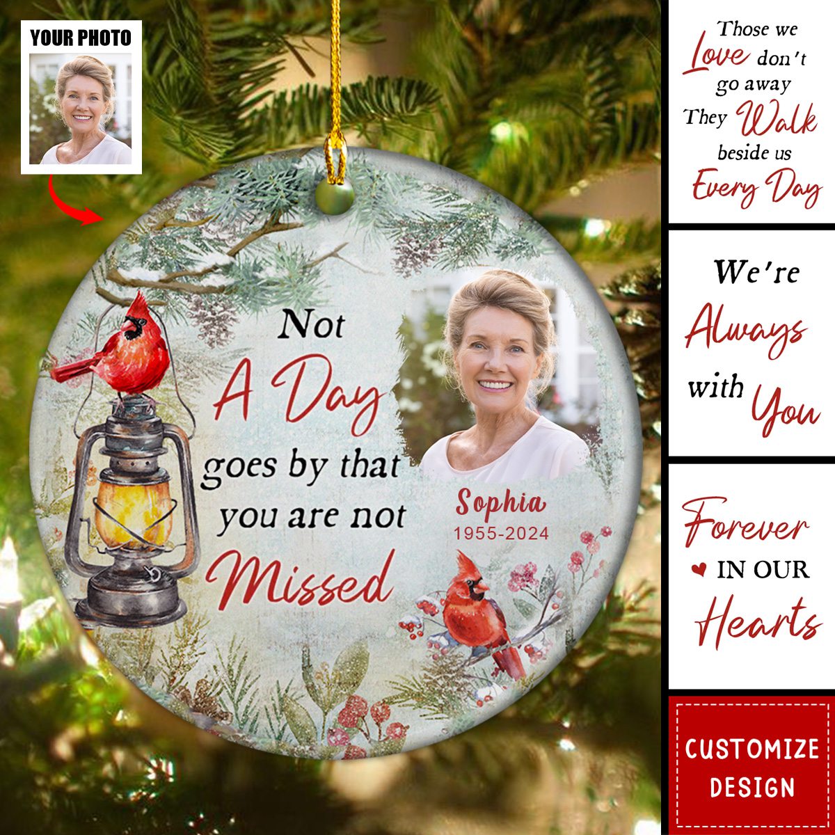 Memorial Cardinal Lights Personalized Circle Ceramic Ornament, Personalized Not A Day Goes By That You Are Not Missed Memorial Ornament ON0750