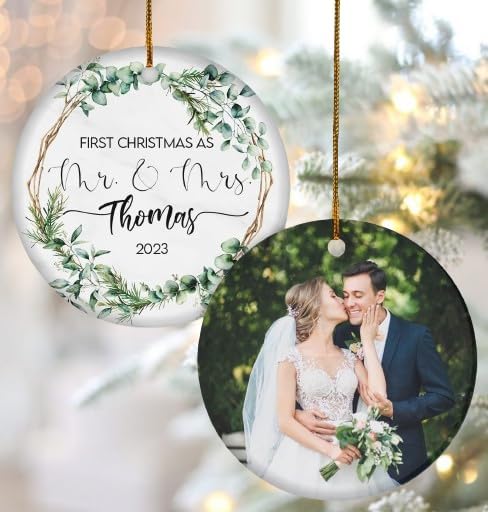 Personalized Our First Christmas As Mr and Mrs Ornament 2024, Custom Photo 1st Christmas Married Ornament 2024 Ornament ON0089