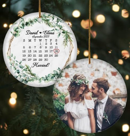 Personalized First Christmas Married Ornament 2024, Custom Photo 1st Christmas Married Ornament with Wedding Date 2024 ON0096