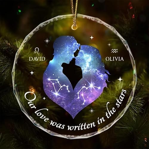 Our Love Was Written In The Stars Hugging Couple Personalized Zodiac Sign Glass Ornament, Custom Couple Ornament For Astrology Lovers ON0191