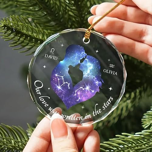 Our Love Was Written In The Stars Hugging Couple Personalized Zodiac Sign Glass Ornament, Custom Couple Ornament For Astrology Lovers ON0191