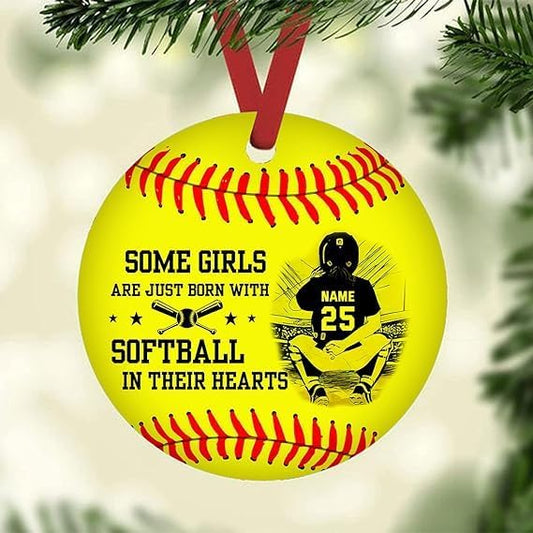 Personalized Some Girls Are Just Born With Softball In Their Hearts Ornament, Custom Name Number Softball Players Ornament ON1005