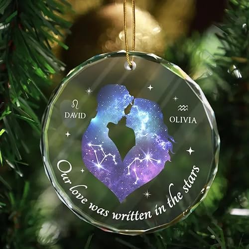 Our Love Was Written In The Stars Hugging Couple Personalized Zodiac Sign Glass Ornament, Custom Couple Ornament For Astrology Lovers ON0191