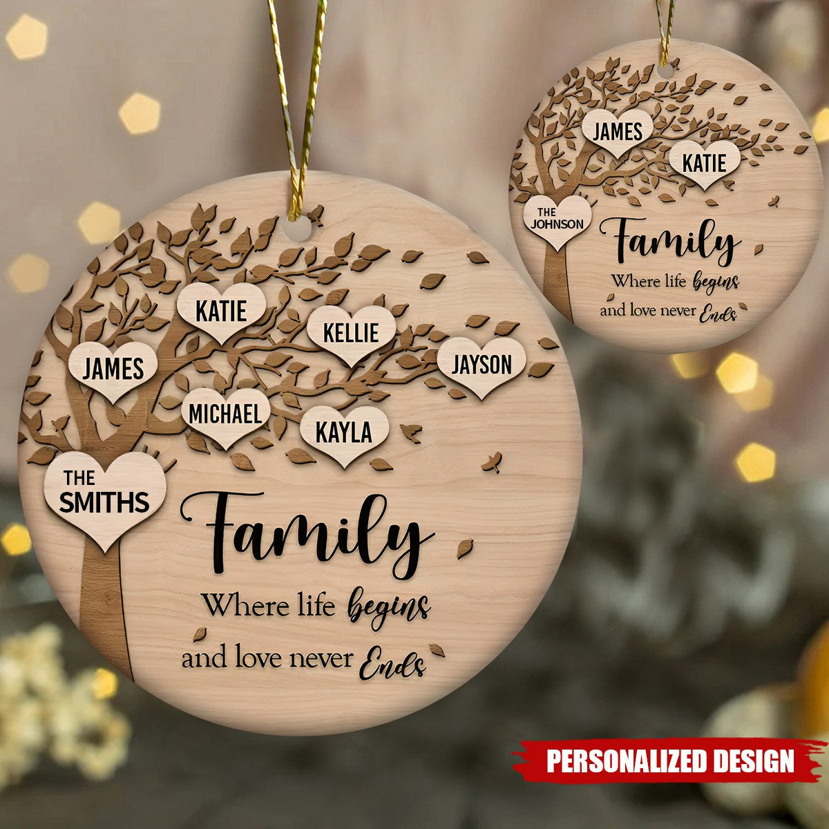 Family Where Life Begins and Never Ends Personalized Ceramic Christmas Ornament, Custom Family Christmas Ornament With Name ON0062