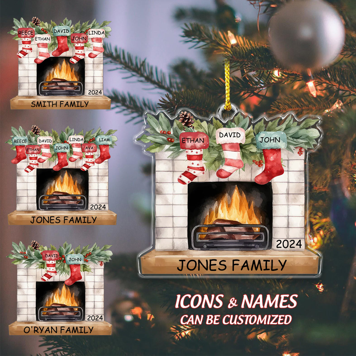 Personalized Christmas Stocking Fireplace Name Ornament, Custom Family Christmas Ornament With Name ON0043