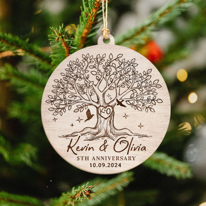 Personalized 5th Anniversary Christmas Ornament 2024, Custom Tree Anniversary Wooden Ornament With Name Wedding Date ON0111