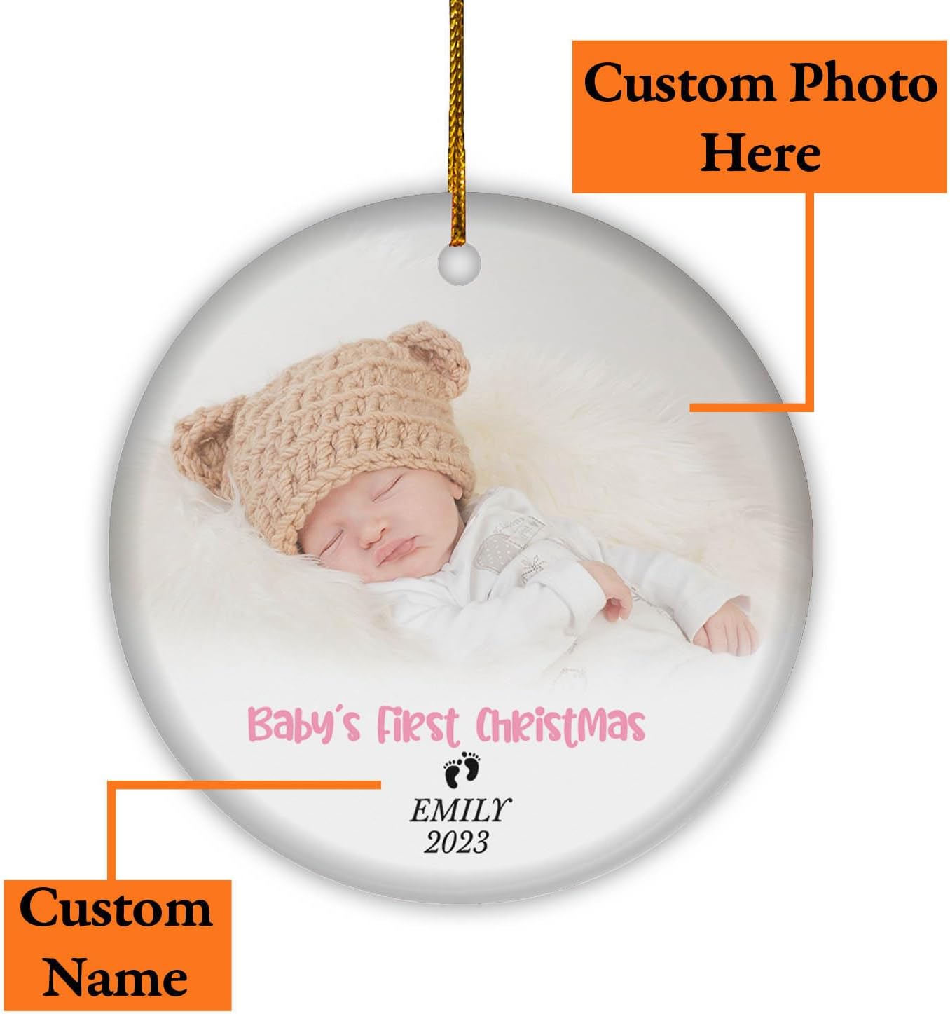 Personalized Baby First Christmas Ornament 2024 Girl, Custom Photo Baby Girl 1st Christmas Hanging Ornaments, Baby Birth Stats Ceramic Hanging Ornament ON0092