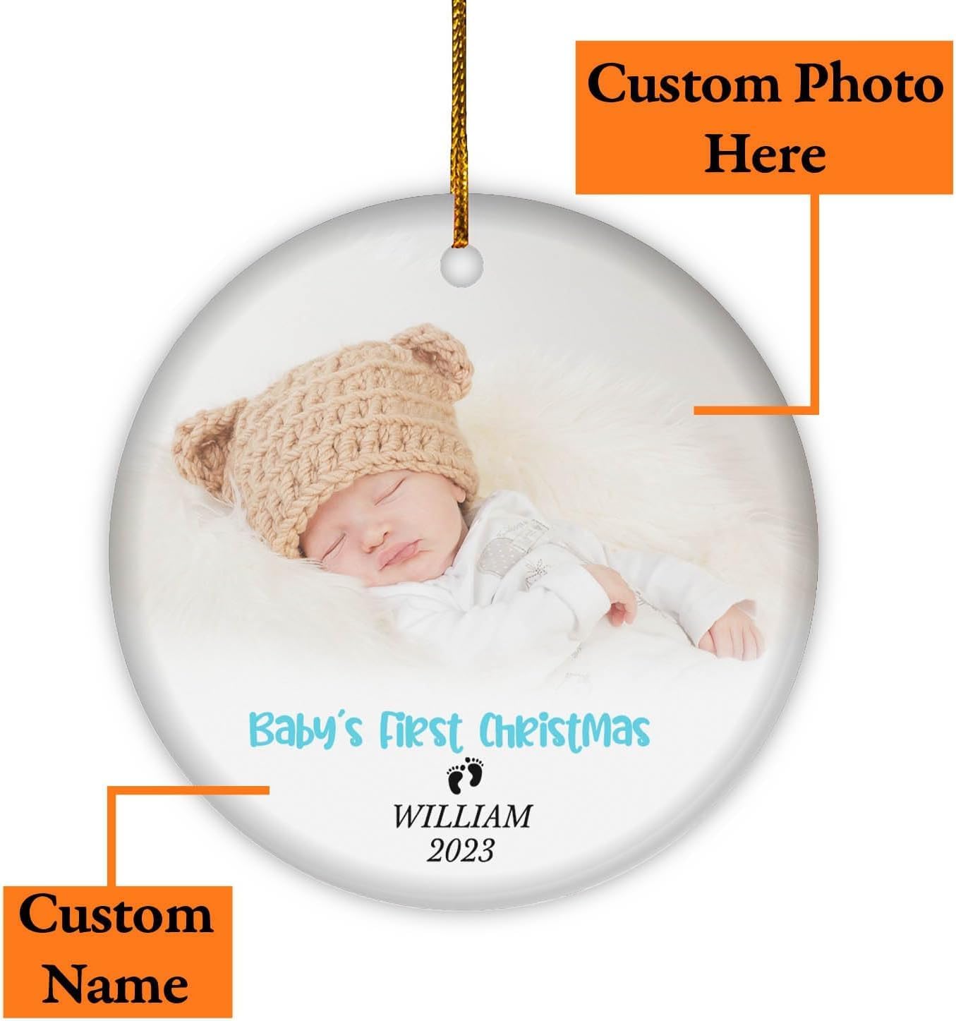 Personalized Baby First Christmas Ornament 2024 Boy, Custom Photo Baby Boy 1st Christmas Hanging Ornaments, Baby Birth Stats Ceramic Hanging Ornament ON0090