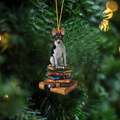 Personalized Rat Terrier Sit On The Book Wood Ornament, Custom Name Rat Terrier Xmas Ornament For Book Lover ON0562