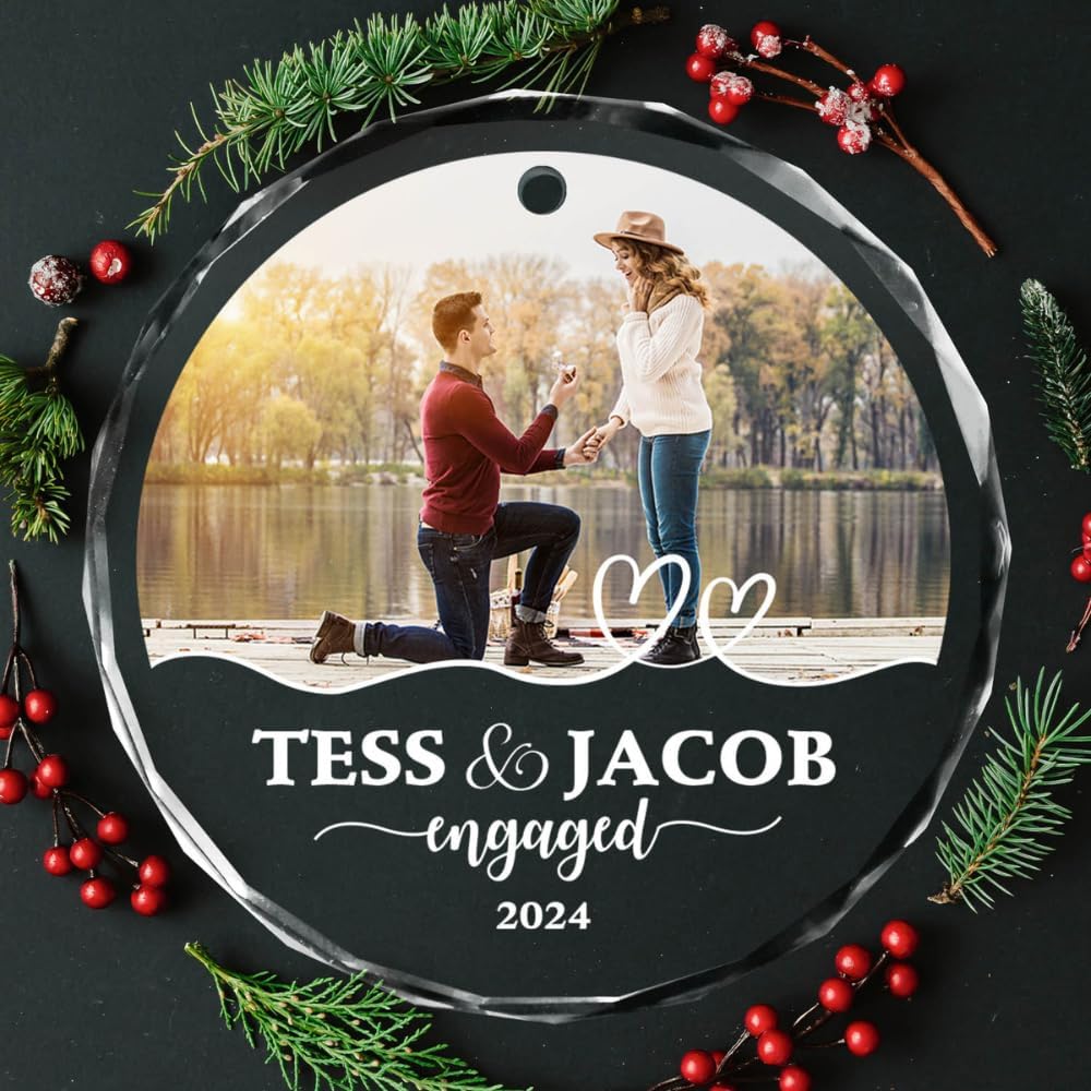 Personalized Engagement Ornament 2024 She Said Yes, Custom Photo Our First Engaged Christmas Ornament ON0088