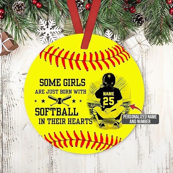 Personalized Some Girls Are Just Born With Softball In Their Hearts Ornament, Custom Name Number Softball Players Ornament ON1005