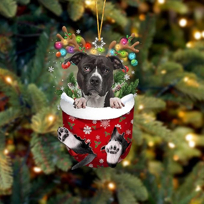 Personalized Black American Pitbull Terrier in Snow Pocket Christmas Ornament,Custom Name American Pitbull Terrier Dog Ornament ON0557