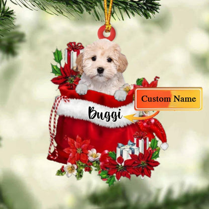 Personalized Maltipoo Dog in Gift Bag Christmas Ornament, Custom Name Dog Lover Ornament ON0658