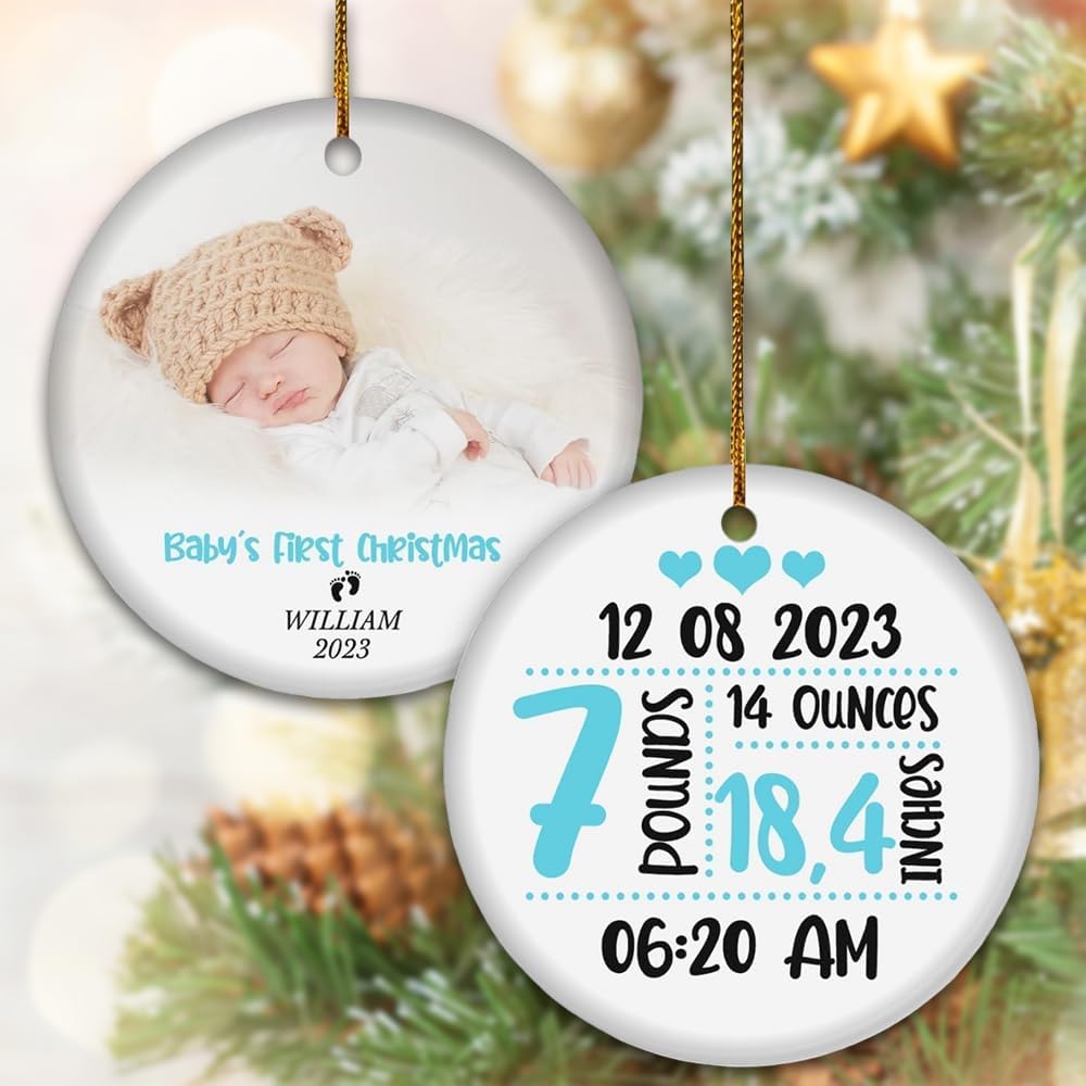 Personalized Baby First Christmas Ornament 2024 Boy, Custom Photo Baby Boy 1st Christmas Hanging Ornaments, Baby Birth Stats Ceramic Hanging Ornament ON0090