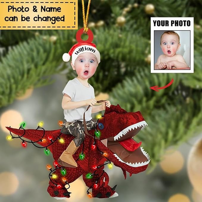 Custom Photo Face Dinosaur Christmas Ornament, Personalized Photo Kids Dinosaurs Christmas Ornament ON0572