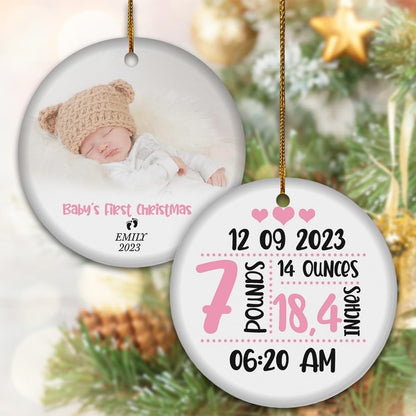 Personalized Baby First Christmas Ornament 2024 Girl, Custom Photo Baby Girl 1st Christmas Hanging Ornaments, Baby Birth Stats Ceramic Hanging Ornament ON0092