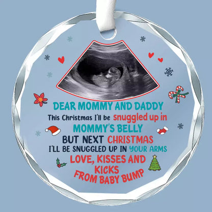 Custom Photo This Christmas I'll Be Snuggled In Mommy's Belly - Family Personalized Custom Circle Glass Ornament - Christmas Gift For Baby Kids, Newborn Baby ON0137