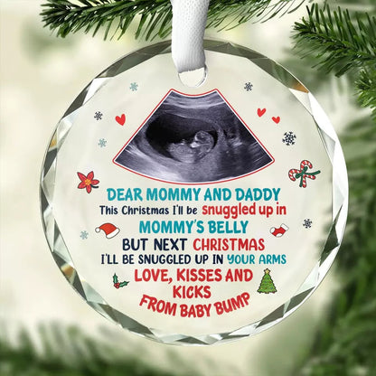 Custom Photo This Christmas I'll Be Snuggled In Mommy's Belly - Family Personalized Custom Circle Glass Ornament - Christmas Gift For Baby Kids, Newborn Baby ON0137