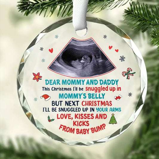 Custom Photo This Christmas I'll Be Snuggled In Mommy's Belly - Family Personalized Custom Circle Glass Ornament - Christmas Gift For Baby Kids, Newborn Baby ON0137