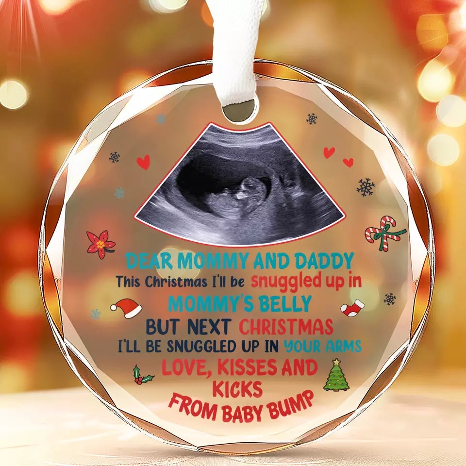 Custom Photo This Christmas I'll Be Snuggled In Mommy's Belly - Family Personalized Custom Circle Glass Ornament - Christmas Gift For Baby Kids, Newborn Baby ON0137