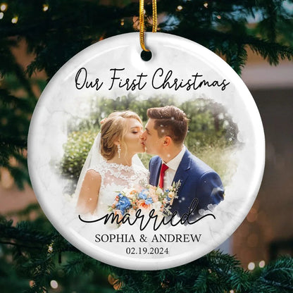 Custom Photo Our First Year Together - Couple Personalized Custom Ornament Ceramic Round Shaped - Custom Our First Christmas Married Ornament ON0397