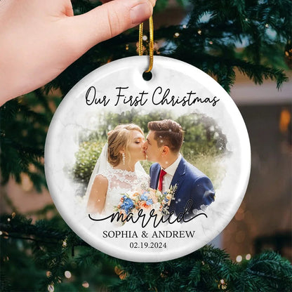 Custom Photo Our First Year Together - Couple Personalized Custom Ornament Ceramic Round Shaped - Custom Our First Christmas Married Ornament ON0397