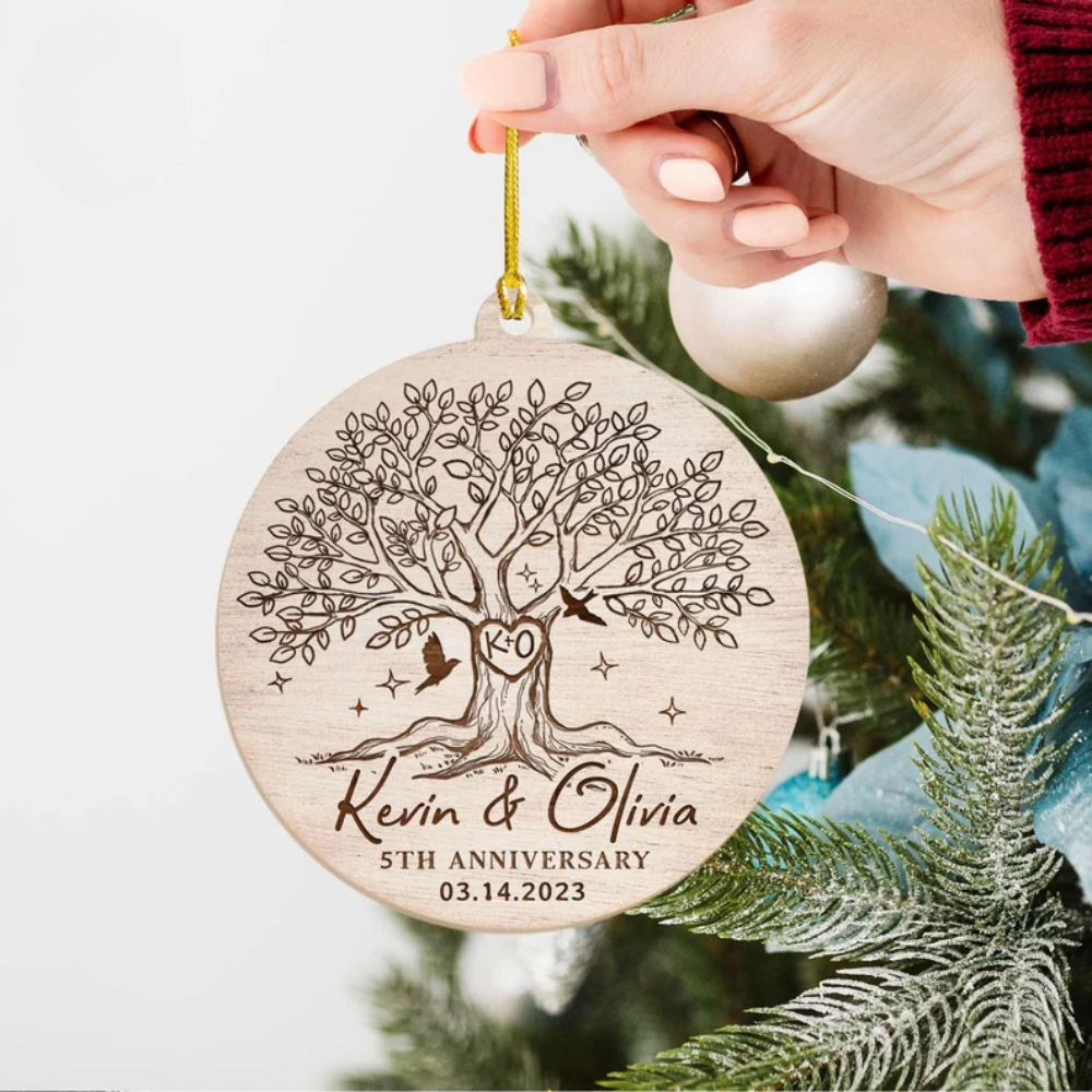 Personalized 5th Anniversary Christmas Ornament 2024, Custom Tree Anniversary Wooden Ornament With Name Wedding Date ON0111