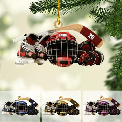 Personalized Hockey Helmet Shoes Christmas Ornament 2024, Custom Name Hockey Player Ornament ON0470