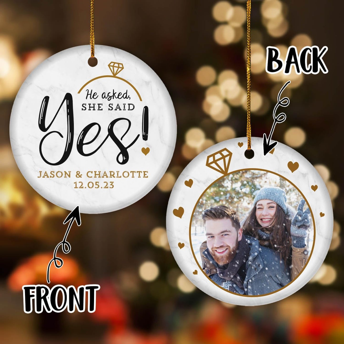 Personalized He Asked She Said Yes Engagement Ornament 2024, Custom Our First Engaged Christmas Ornament With Photo ON0083