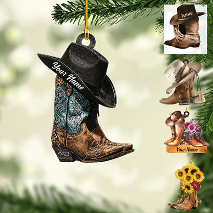 Personalized Cowboy Boots Hat Christmas Ornament, Custom Name Horse Lover Ornament ON0623