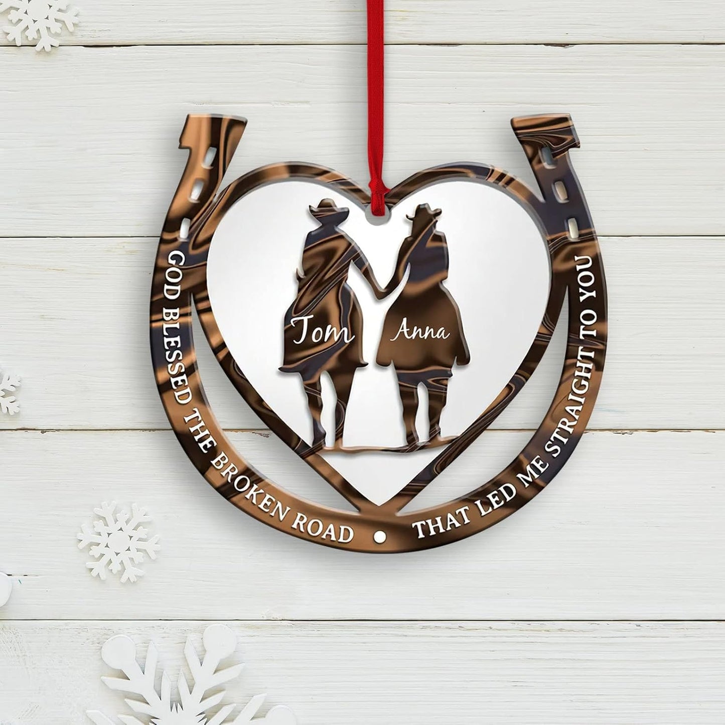 Personalized God Blessed The Broken Road Cowboy Cowgirl Couple Ornament, Custom Western Horseshoe Couple Ornament ON1001