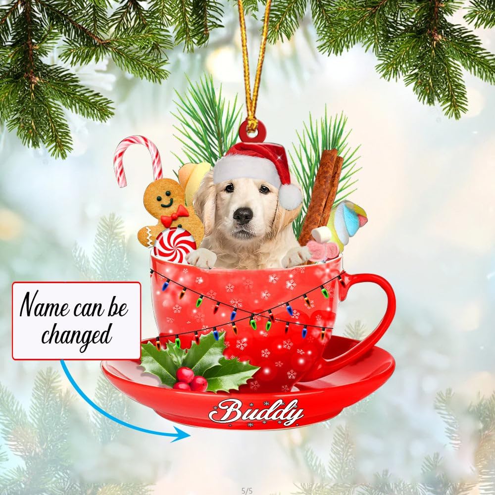 Personalized Golden Retriever in a Cup of Tea Christmas Ornament, Custom Dog Lovers Xmas Ornament With Name ON0657