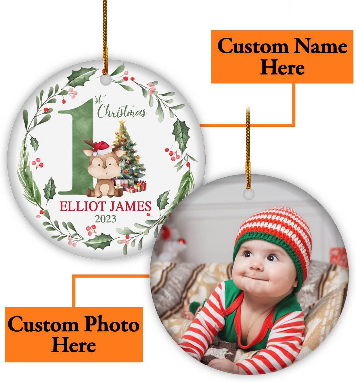 Personalized Baby First Christmas Ornament 2024, Custom Baby 1st Xmas Ornament With Photo ON0099