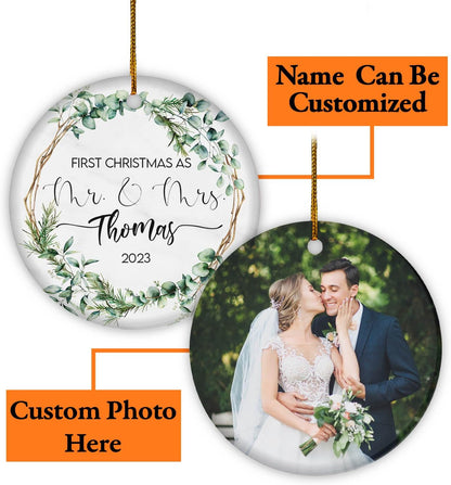 Personalized Our First Christmas As Mr and Mrs Ornament 2024, Custom Photo 1st Christmas Married Ornament 2024 Ornament ON0089