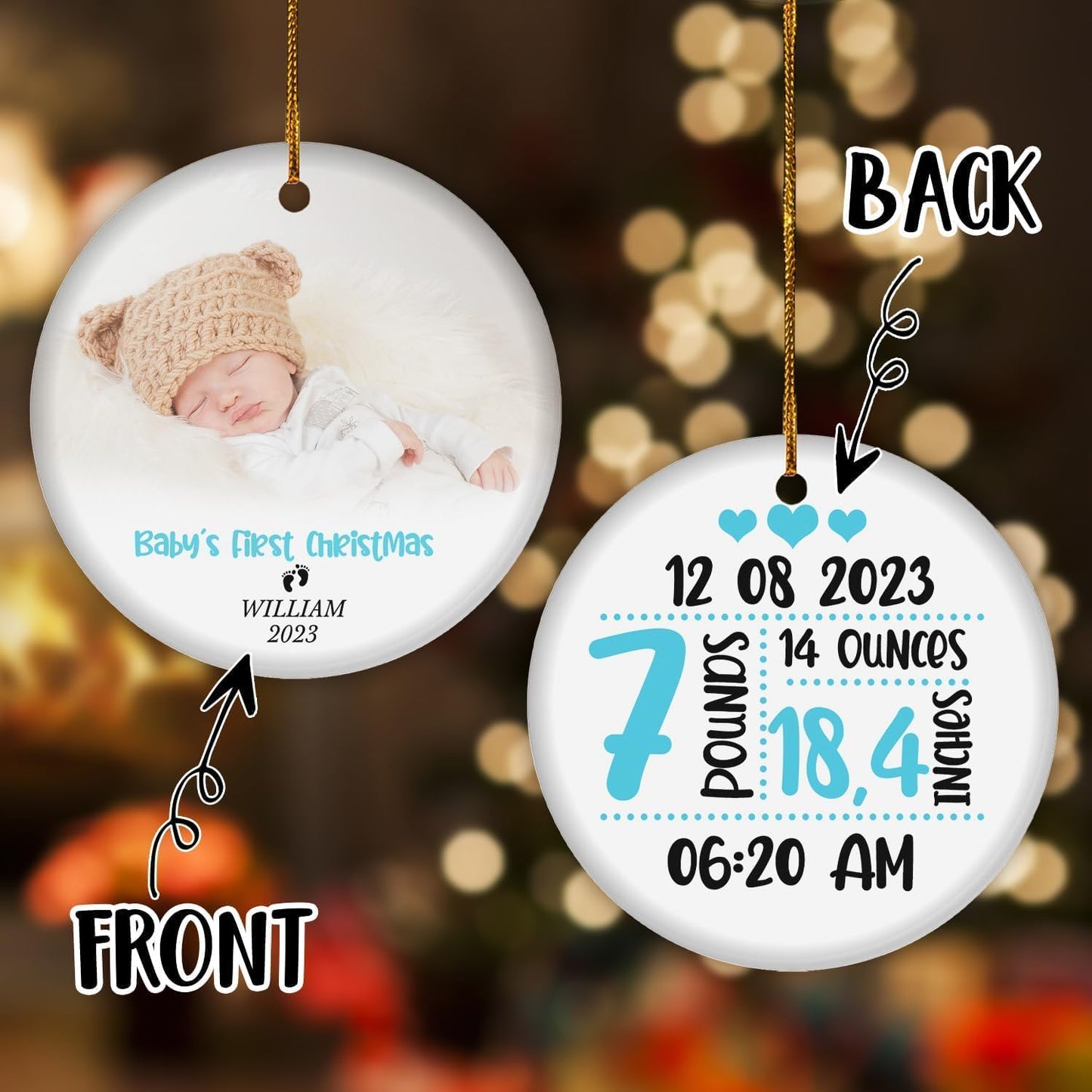 Personalized Baby First Christmas Ornament 2024 Boy, Custom Photo Baby Boy 1st Christmas Hanging Ornaments, Baby Birth Stats Ceramic Hanging Ornament ON0090