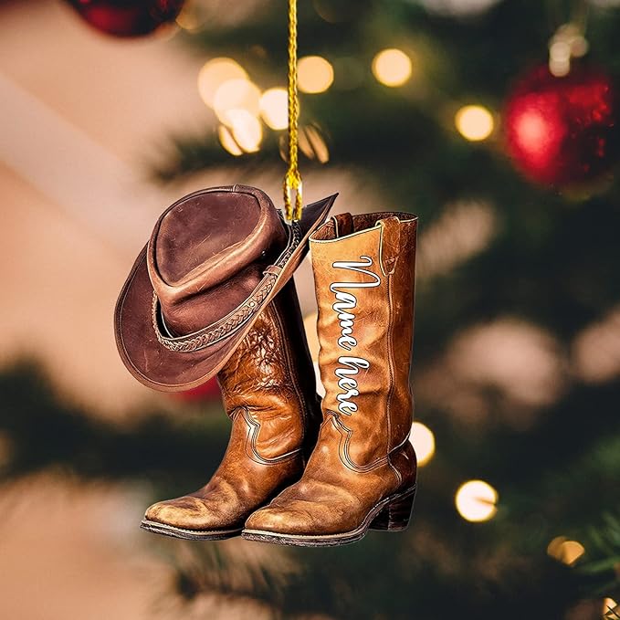 Personalized Boots and Hat Cowboy Christmas Ornament, Custom Name Horse Lover Light Ornament ON0588