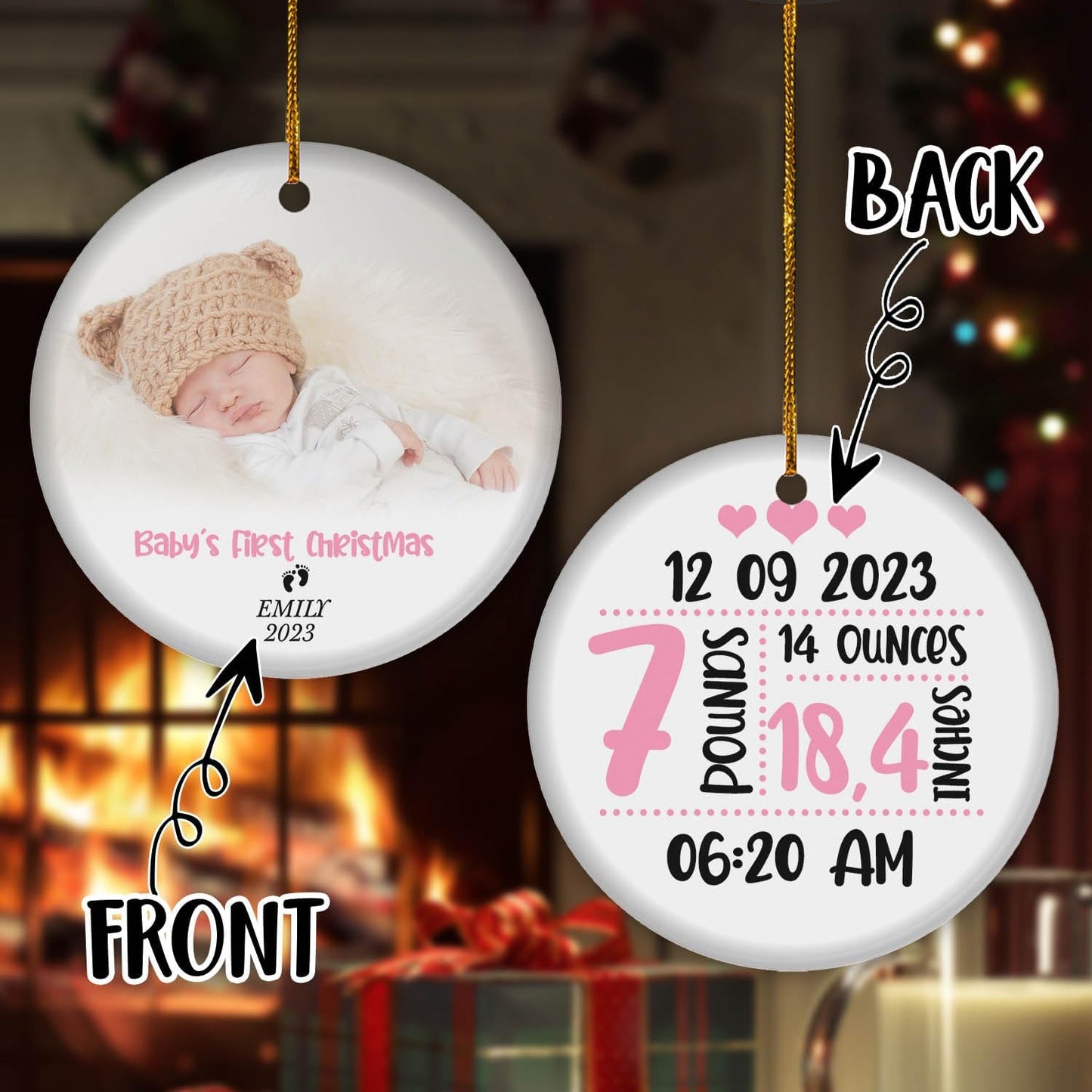 Personalized Baby First Christmas Ornament 2024 Girl, Custom Photo Baby Girl 1st Christmas Hanging Ornaments, Baby Birth Stats Ceramic Hanging Ornament ON0092