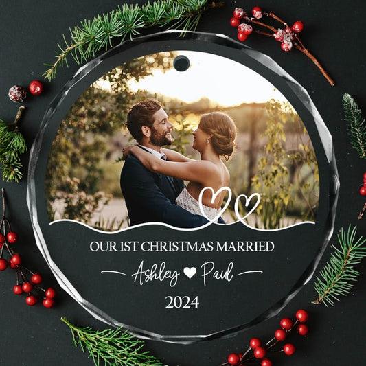 Personalized Our First Christmas Married Ornament 2024, Custom Photo Our 1st Christmas Married Glass Ornament ON0078