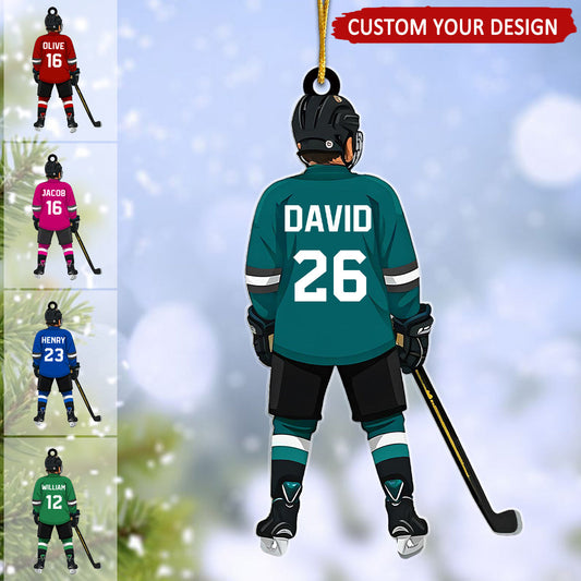 Kid Hockey Player Personalized Christmas Ornament, Custom Name Number Little Hockey Player Ornament ON1738