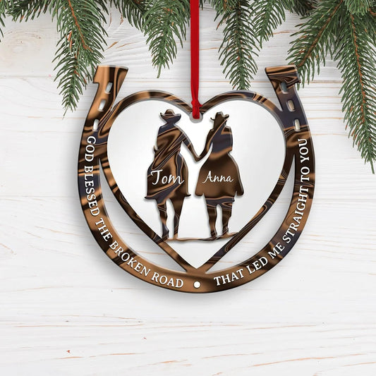 Personalized God Blessed The Broken Road Cowboy Cowgirl Couple Ornament, Custom Western Horseshoe Couple Ornament ON1001