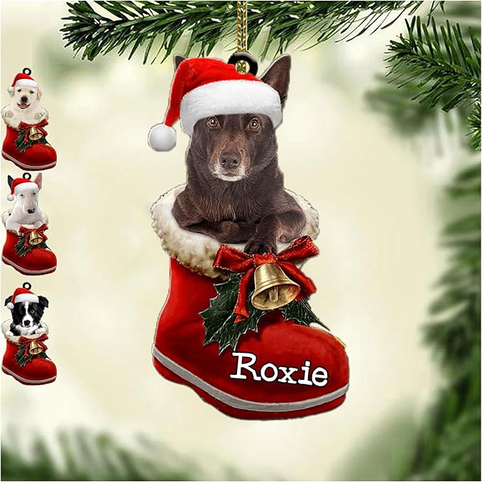 Personalized Kelpie in Santa Boot Christmas Ornament, Custom Name Australian Kelpie Ornament ON0560