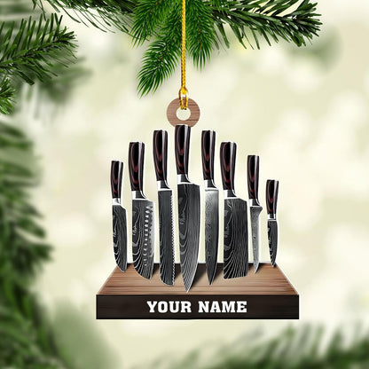 Personalized Kitchen Knife Set Chef Christmas Ornament 2024, Custom Name Chef Ornament ON0842